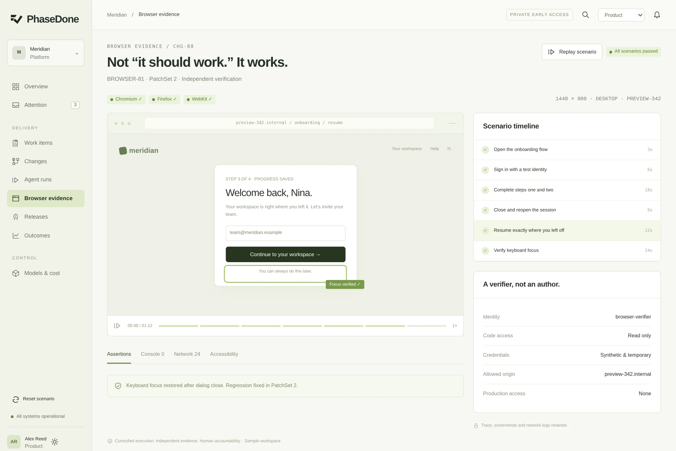 PhaseDone browser verification with a sample application and a scenario timeline.