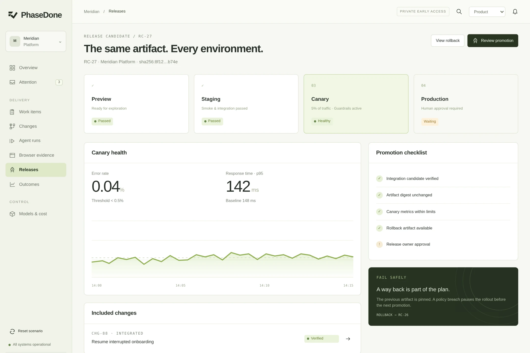 PhaseDone releases screen. One artifact, explicit promotions, observable health and a way back.